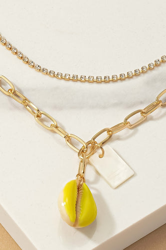 Two Layer Puka Rhinestone Chain Pendant Necklace