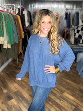 Denim Blue Brushed Ribbed Textured Oversized Top with Side Slit