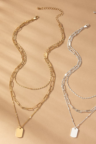 3 Row Mixed Chain Necklace with Tag Pendant