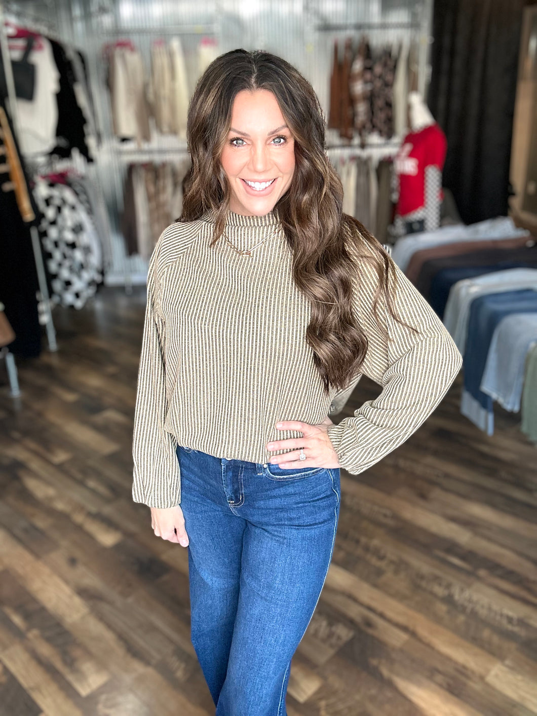 Taupe Balloon Sleeve Textured Long Sleeve Top