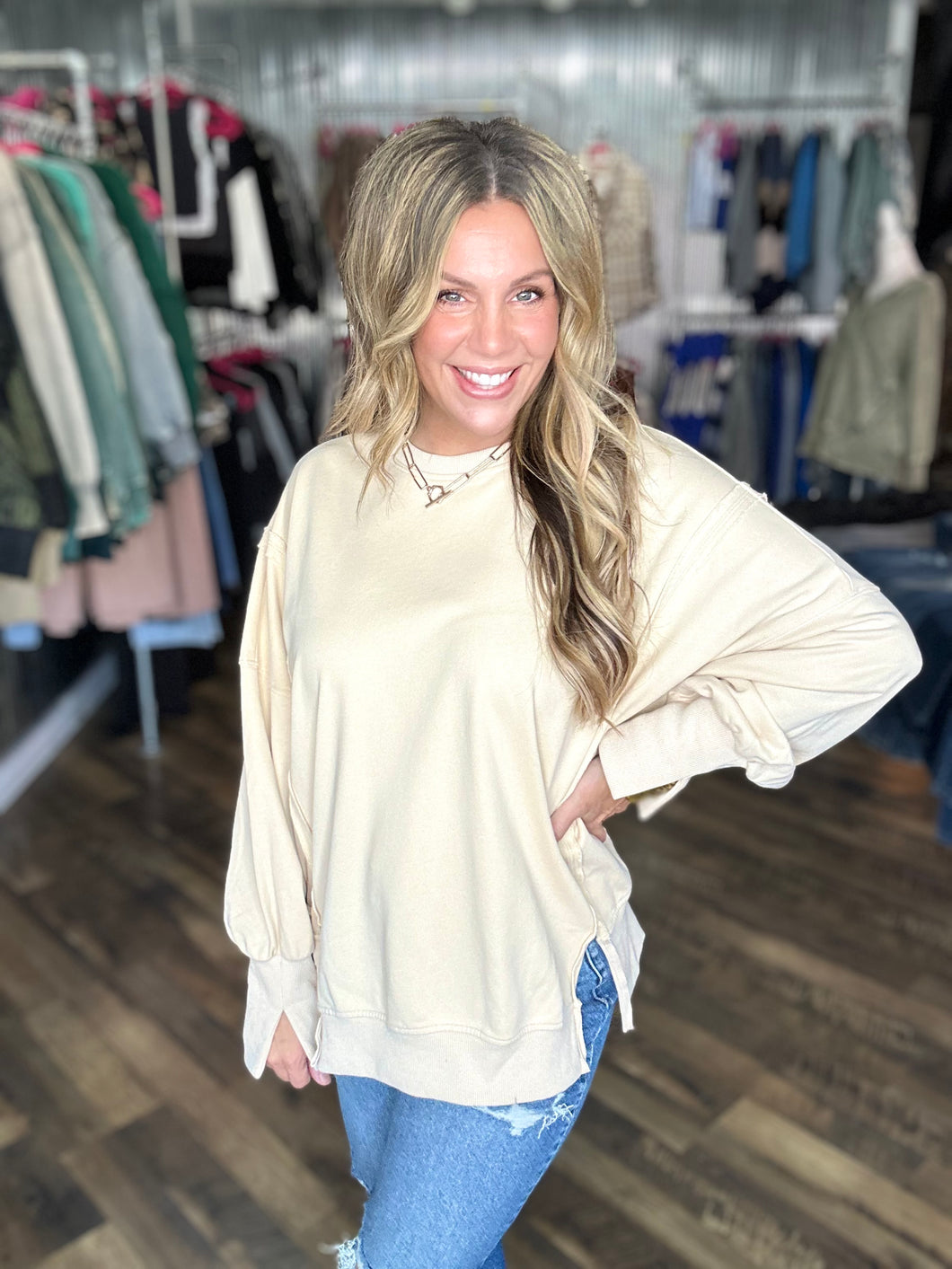 Ecru Oversized Slit Lightweight Sweatshirt *final sale*