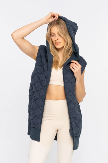 Midnight Navy Oversized Quilted Vest with Hood