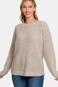 Zenana High Low Long Sleeve Waffle Sweater**