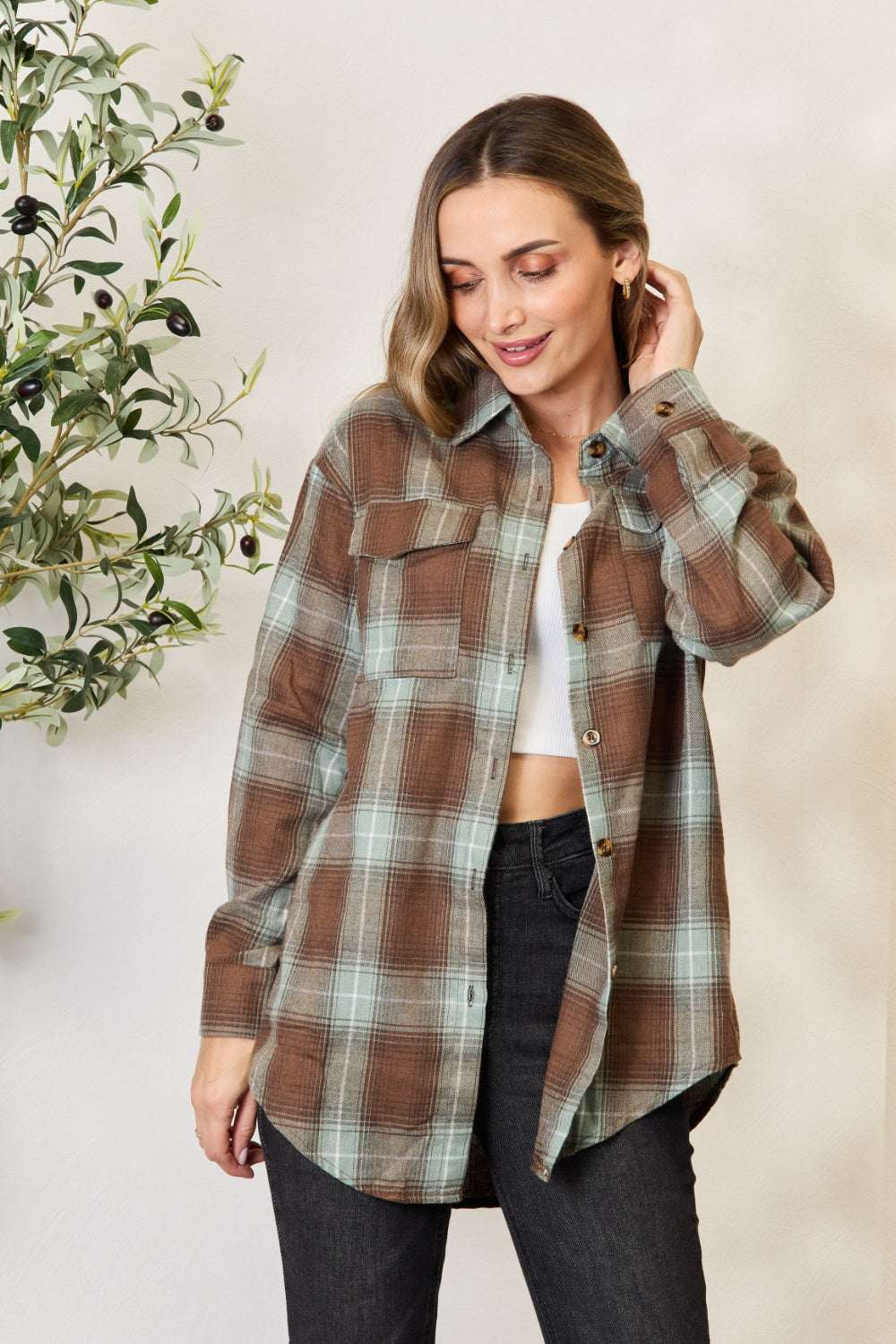 Double Take Plaid Dropped Shoulder Shirt**