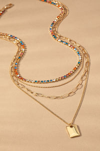 4 Row Mixed Chain Necklace with Rhinestones