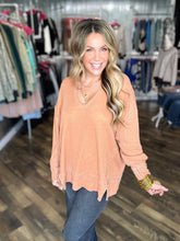 Burnt Amber Cotton Blend Waffle Knit Oversized Long Sleeve