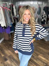Navy Oversized Striped Half Button Down Casual Knit Top