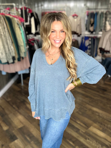 Midnight Navy Cotton Blend Waffle Knit Oversized Long Sleeve *final sale*