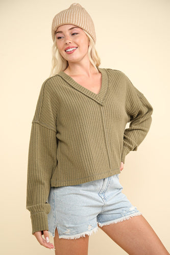 VERY J Exposed Seam V-Neck Ribbed Knit Top**