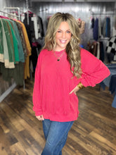 Red Wave Rib Oversized Top With Side Slit