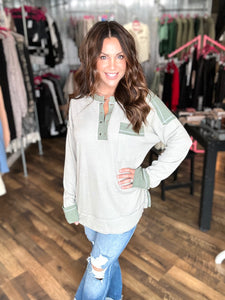 Olive Grey Waffle Long Sleeve Top