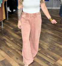 Rust Acid Wash Fleece Palazzo Sweatpants With Pockets