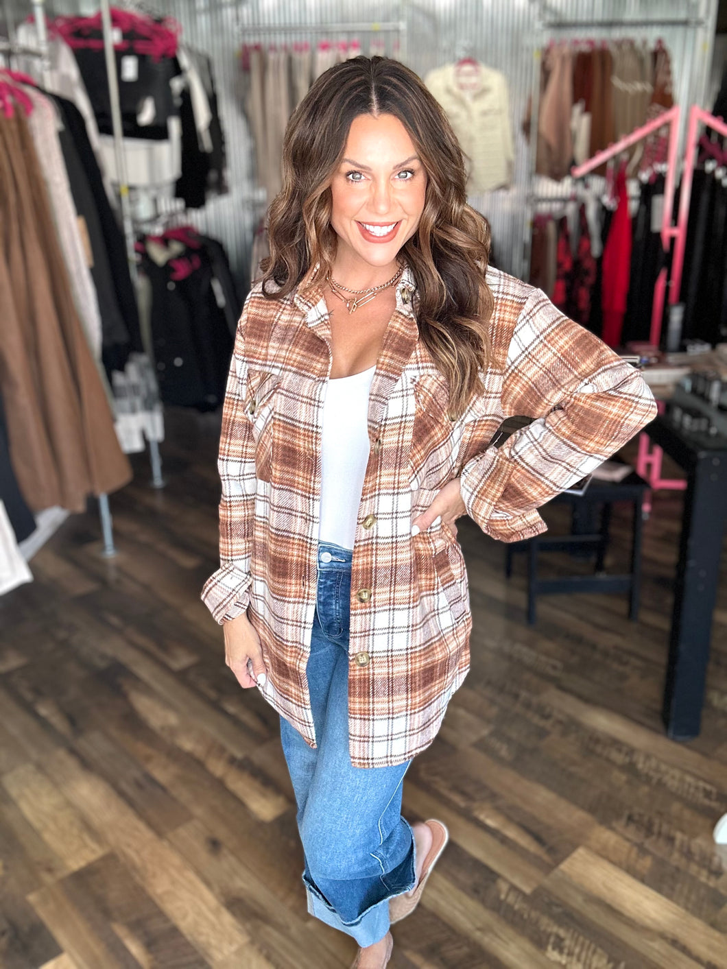 Brown and Cream Flannel Plaid Shacket