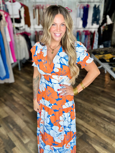 Orange Printed V-Neck Puff Sleeve Maxi Dress