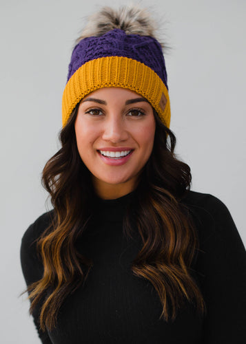 Purple & Gold Trim Cable Knit Pom Hat