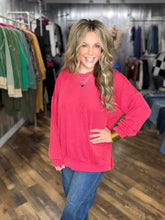 Red Wave Rib Oversized Top With Side Slit