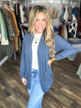 Blue Grey Soft Wrap Shirred Side Open Cardigan