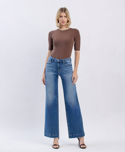 Flying Monkey High Rise Trouser Hem Wide Leg Denim Jeans