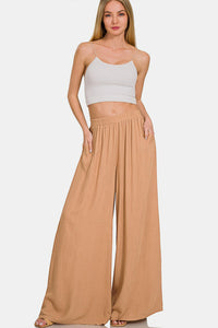 Zenana Pleated Linen Blend Wide Leg Pants**