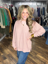 Rose Brushed Ribbed Textured Oversized Top with Side Slit