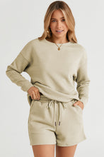 Double Take Full Size Texture Long Sleeve Top and Drawstring Shorts Set**