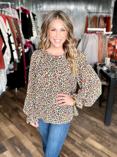 Taupe Multicolor Print Mock Neck Top