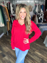 Red Stretchy V-neck Long Sleeve Lightweight Knit Top Sweater