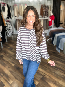 Dark Grey Checker and Stripe Long Sleeve Top