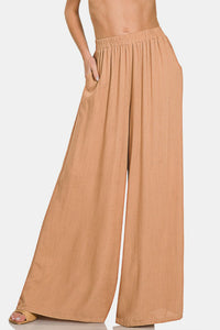 Zenana Pleated Linen Blend Wide Leg Pants**