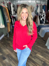Red Stretchy V-neck Long Sleeve Lightweight Knit Top Sweater