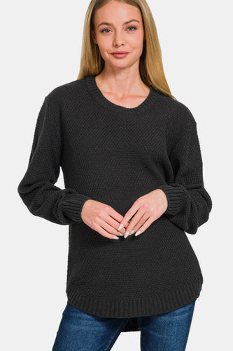 Zenana Ful Size Round Neck Long Sleeve Curved Hem Sweater**