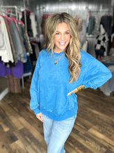 Ocean Blue Acid Wash Oversized Fleece Pullover Sweatshirt