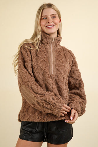 VERY J Fuzzy Fleece Half Zip Cable Pattern Sweatshirt**