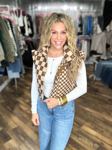 Brown Checker Cropped Puffer Vest *Final Sale*