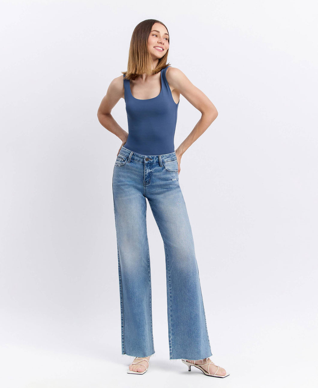 Vervet Mid Rise Raw Hem Wide Leg Denim Jeans