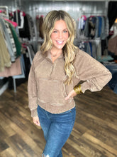 Mocha Acid Washed Half Zip Fleece Hoodie Kangaroo Pocket