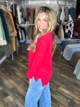 Red Stretchy V-neck Long Sleeve Lightweight Knit Top Sweater