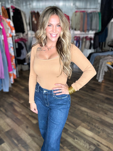 Nikibiki Az Tan Ribbed Long Sleeve Square Neck Top