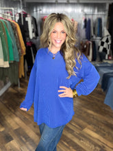 Royal Blue Oversized V-neck Wave Rib Long Sleeve Tunic Top