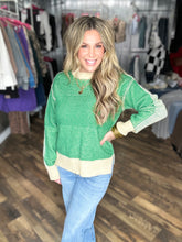 Clover Green Loose Fit Color Block Textured Round Neck Sweater