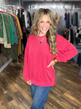 Red Wave Rib Oversized Top With Side Slit