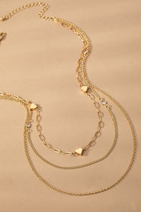 Gold 3 Row Mixed Chain Necklace with Heart
