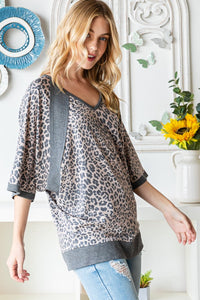 Heimish Full Size Leopard Contrast V-Neck Half Sleeve T-Shirt**