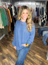 Denim Blue Brushed Ribbed Textured Oversized Top with Side Slit