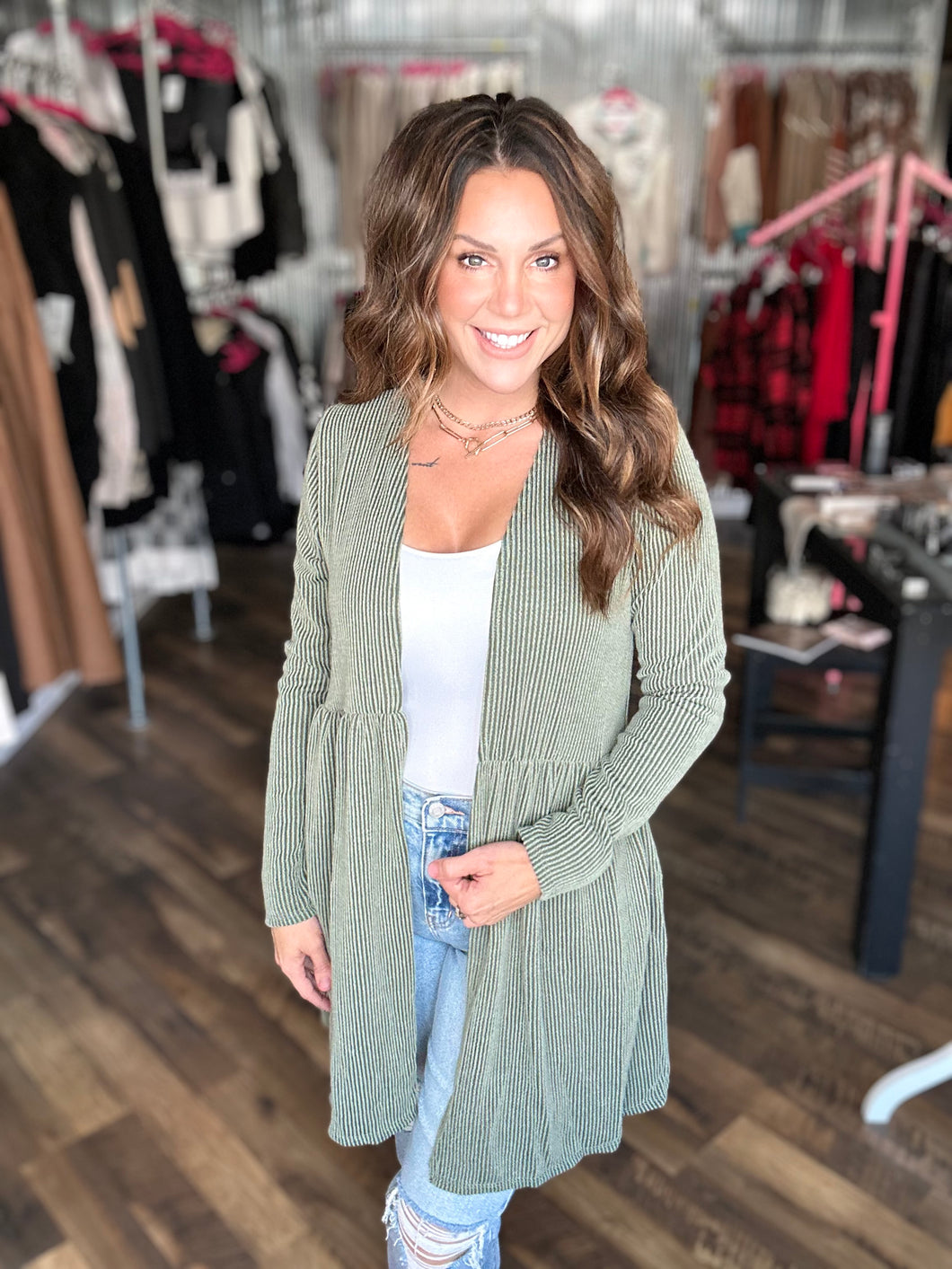 Olive Ribbed Open Cardigan With Babydoll Waist