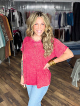 Dark Red Washed Ribbed Short Sleeve Boat-neck Top