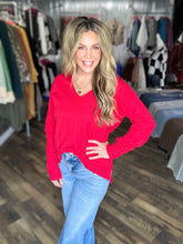 Red Stretchy V-neck Long Sleeve Lightweight Knit Top Sweater