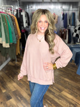 Rose Brushed Ribbed Textured Oversized Top with Side Slit