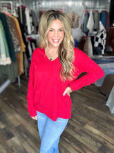 Red Stretchy V-neck Long Sleeve Lightweight Knit Top Sweater