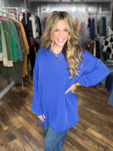 Royal Blue Oversized V-neck Wave Rib Long Sleeve Tunic Top